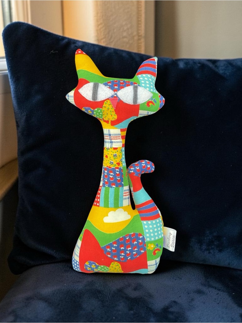 Handmade Multicolor Patchwork Floral Atomic Cat Decorative Pillow Plush
